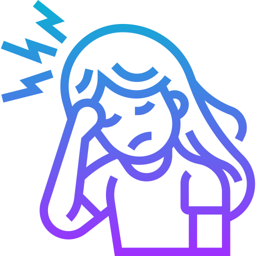 Icon: Outline of a person holding their head with eyes closed and marks indicating pain near their head