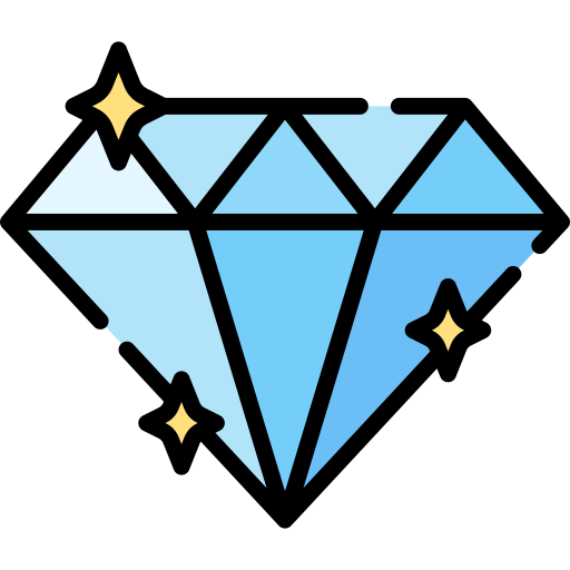 Icon of blue diamond gem from the side with yellow sparkles.