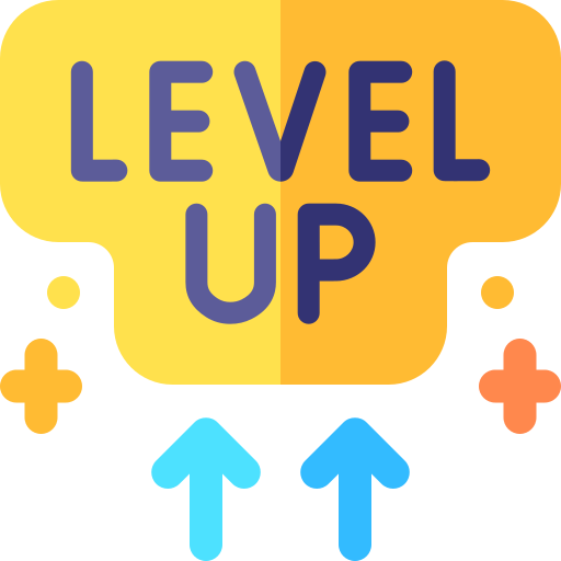 An icon with arrows and plus signs that reads 'level up.'