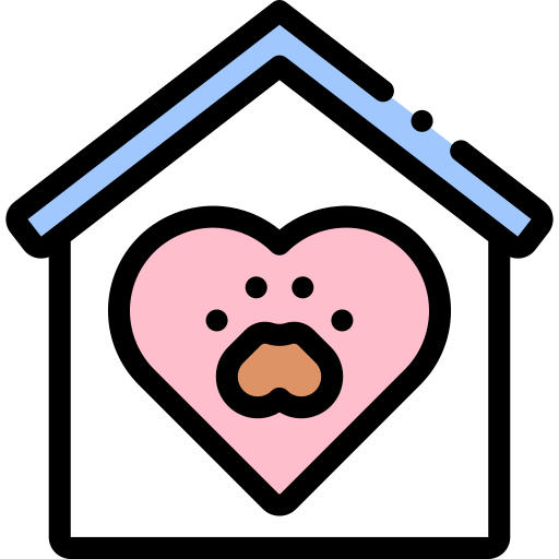 An icon of a dog house with a heart in the middle