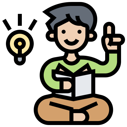 Icon of a boy with a book and a light buulb on the side