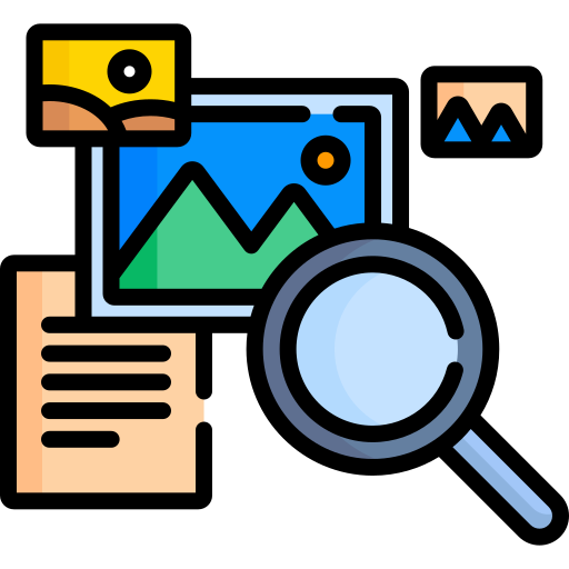 Icon of magnifying glass in front of landscape images and a document