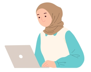 Illustration of female wearing a hijab sitting and working on a laptop