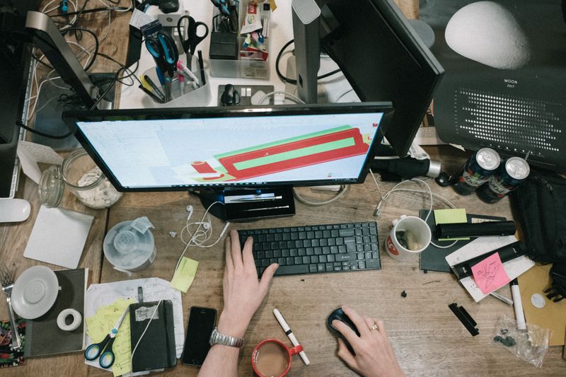 A desk with a lot distractions and clutter around.