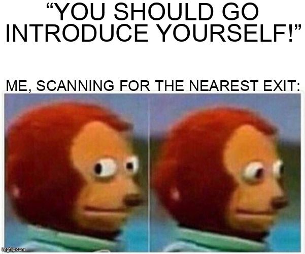 A meme of a nervous puppet. With the caption: “You should go introduce yourself!”  “Me, scanning for the nearest exit