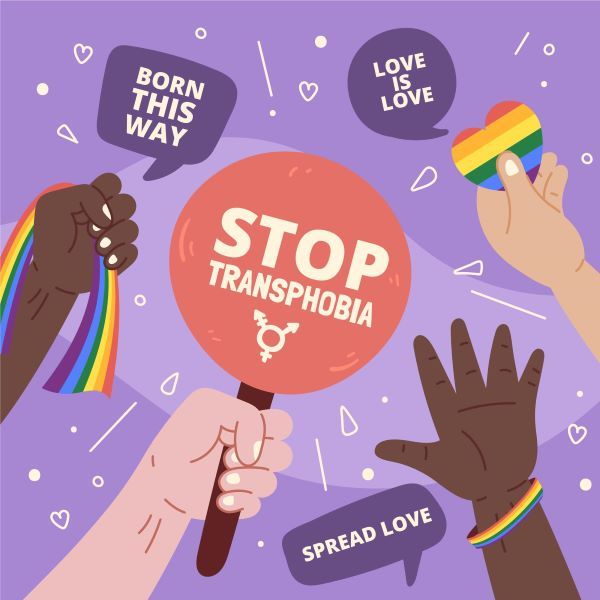 An illustration depicting diverse people's hands labelled 'born this way', 'stop transphobia', 'love is love', 'spread love'.