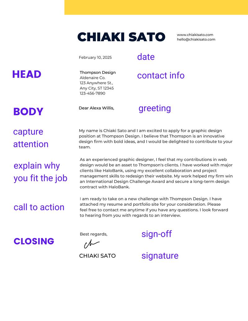An example of a cover letter with head, body, and closing sections