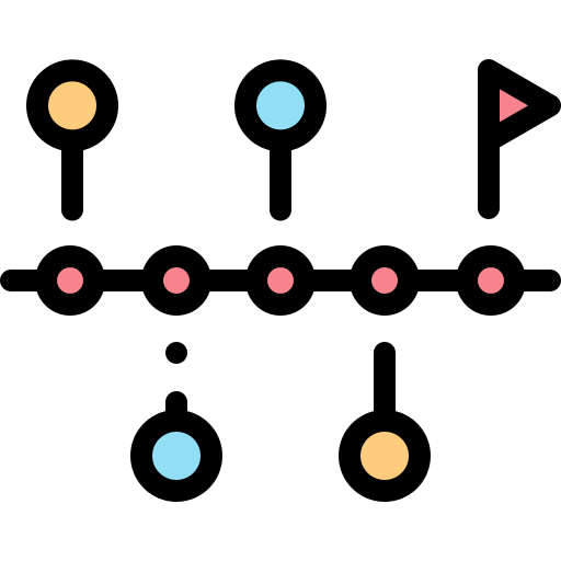 A timeline represented with five dots. The first four dots have a pin marking while the final dot has a flag on it.