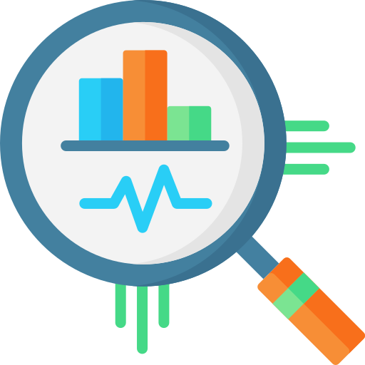 An icon image of a magnifying glass hovering over an image of bar and line graph