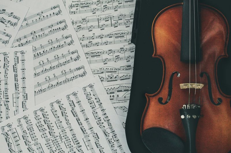  A violin, in a violin case, resting on several sheets of music.