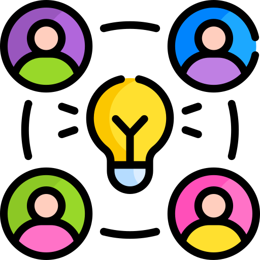 An icon with a light bulb in the center, surrounded by four connected people, symbolizing collaborative creativity.