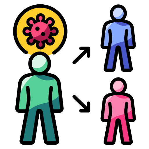 Icon: Person with a virus symbol above them, arrows point from them to two other people