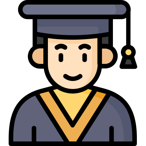 An icon of a university graduate wearing a cap and gown.