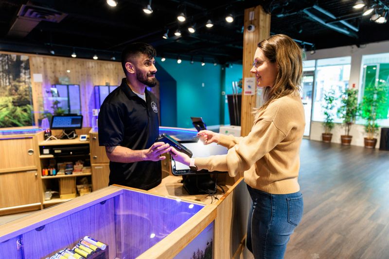 A worker stands behind a counter holding a device while a customer takes it from him. They're both smiling.