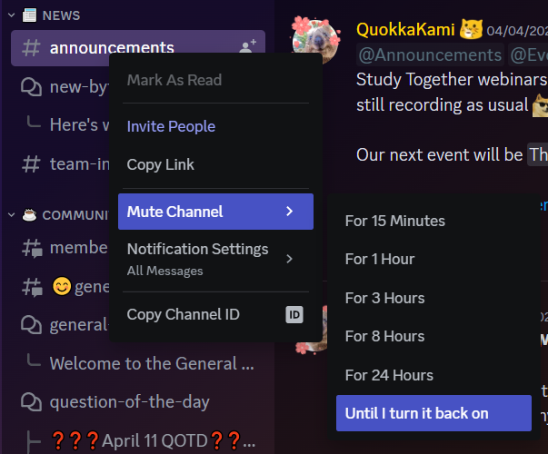 Muting a channel in Discord