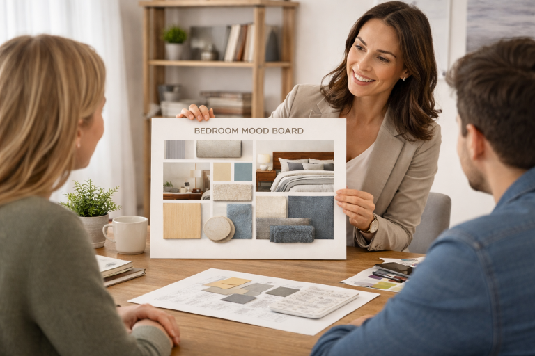 An architect showing a bedroom mood board with materials and colors to clients during a design discussion.