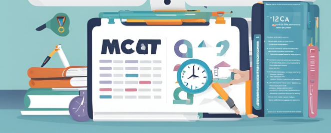 An illustration of a study plan for the MCAT with accessories and gadgets including clock, calendar, binders, books and pen. 