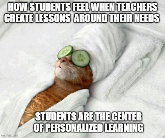 A relaxed cat, with an explanation of how students feel when teachers center their personalized learning to create lessons.