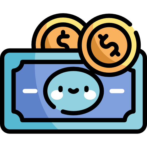 Animated dollar bill with a smiley face in the centre and gold coins with dollar signs in the centre. 