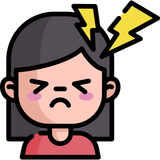 An icon of a person closing their eyes and lightning bolts striking their head, indicating a headache