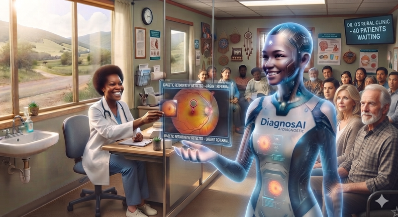At a busy rural clinic with a full waiting room, a personified AI helps a smiling doctor review and eye scan image.