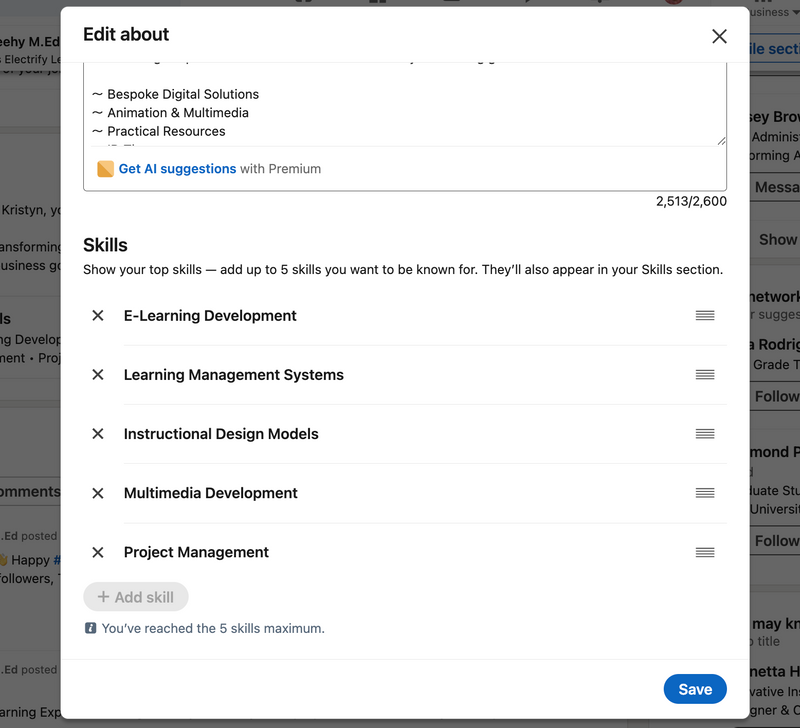 Screenshot of the top skills section edit page on LinkedIn (audio description below).