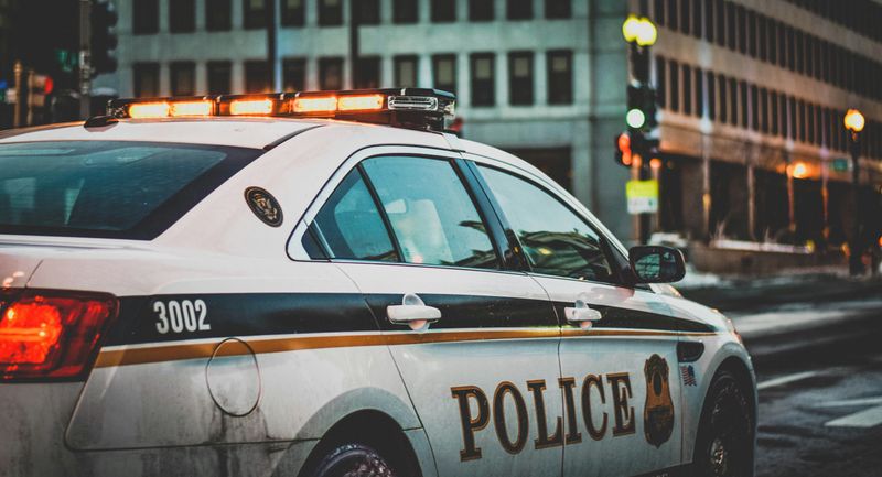 A police car wuth white with blue/gold stripes, 4-doors, and a siren on its roof.