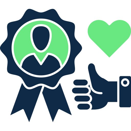 Icon: Generic symbolic profile of a person on a ribbon with a love heart and thumbs up next to it
