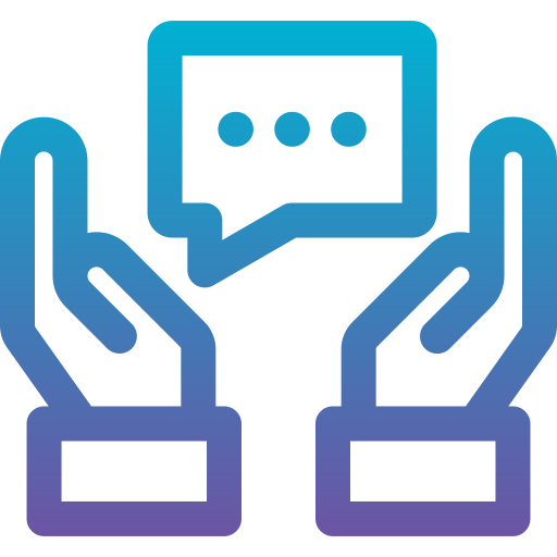 Icon: Supportive hands lifting up a speech bubble with an ellipses 