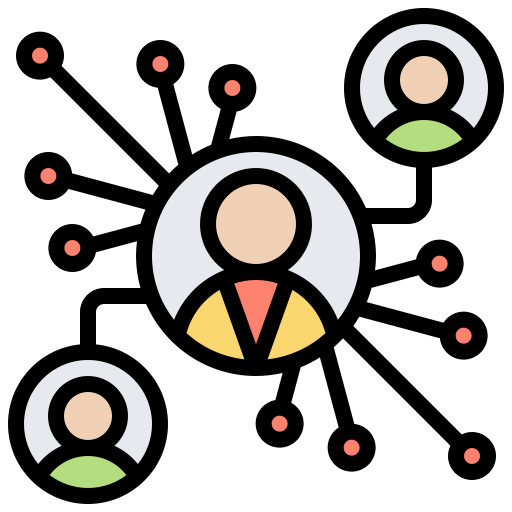 Icon of three people connected by a web with additional connections extending outwards