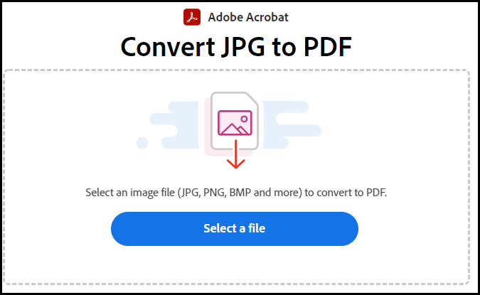 The Adobe JPG to PDF converter. A box with the option to 'select a file'.