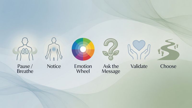 Six-step process icons: Pause/Breathe, Notice, Emotion Wheel, Ask the Message, Validate, and Choose.
