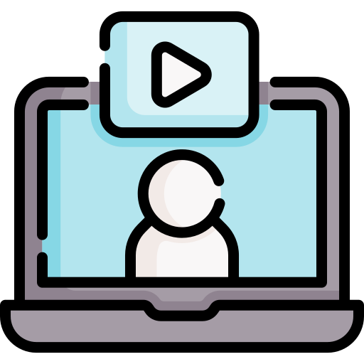 Icon image of a laptop with a person on screen and a play button above their head 