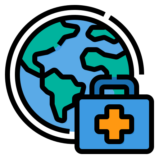 Flaticon Icon; illustration of globe, in the front to the right is a briefcase, with plus sign. 