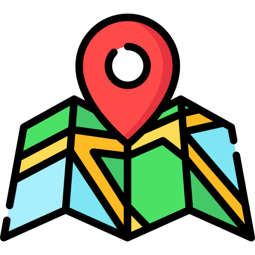Icon of a mostly unfolded map with a red location pin pointing to the middle.