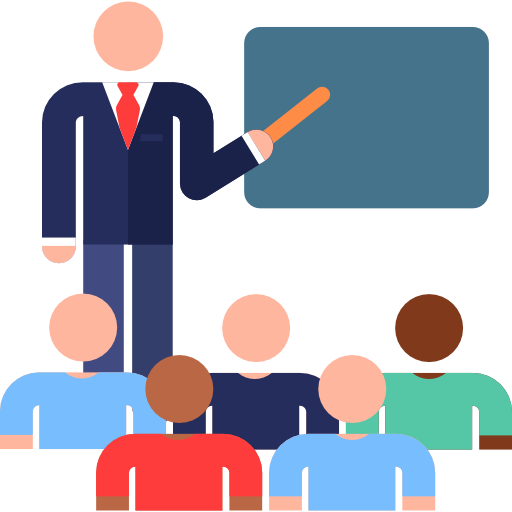 Icon of a man pointing at a chalkboard and presenting to a group of people