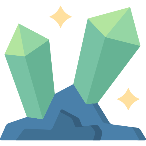 Icon of sparkling green crystals growing out of dark rock.