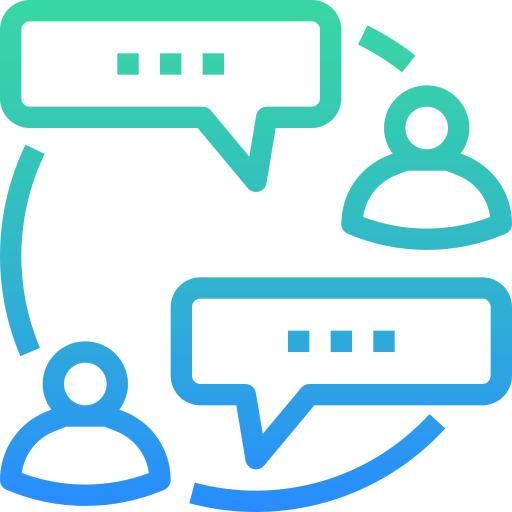Icon: Circle representing communication. with two people that have speech bubbles with ellipses