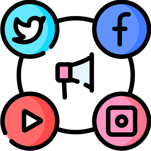 An icon representing digital marketing, with icons of various social media platforms.