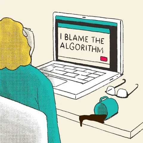 Image: Person banging head against keyboard in front of screen that reads, 'I blame the algorithm.'