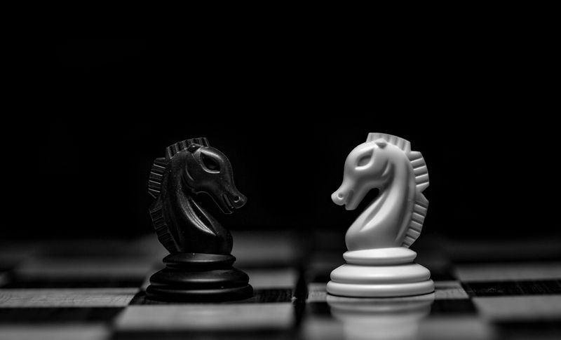 A black knight and white knight face each other on a chess board.
