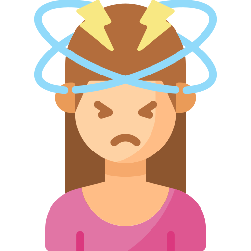 An icon of a person with rings and lightning around their head, suggestong headache or discomfort.
