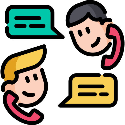 An icon image of two people smiling while talking on the phone 