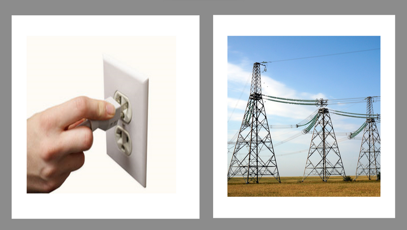 Two separate images - a hand inserting a plug in a electric wall socket and one towers of electric pylon power lines
