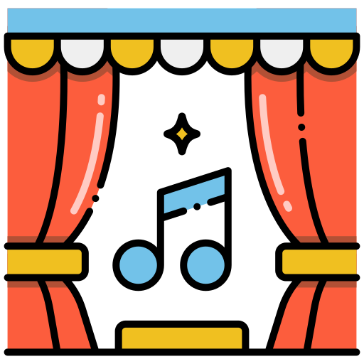Icon of a music note on stage with curtains pulled aside