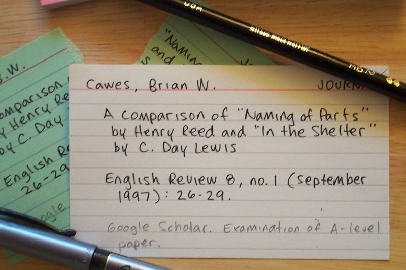 Student hand made flash cards showing study notes. 