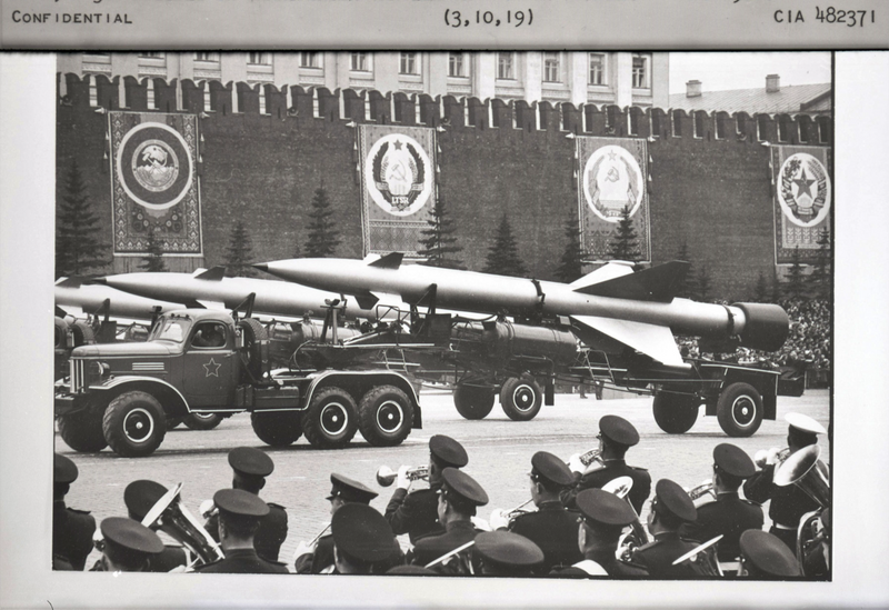 A Soviet military parade showcasing its missile systems.