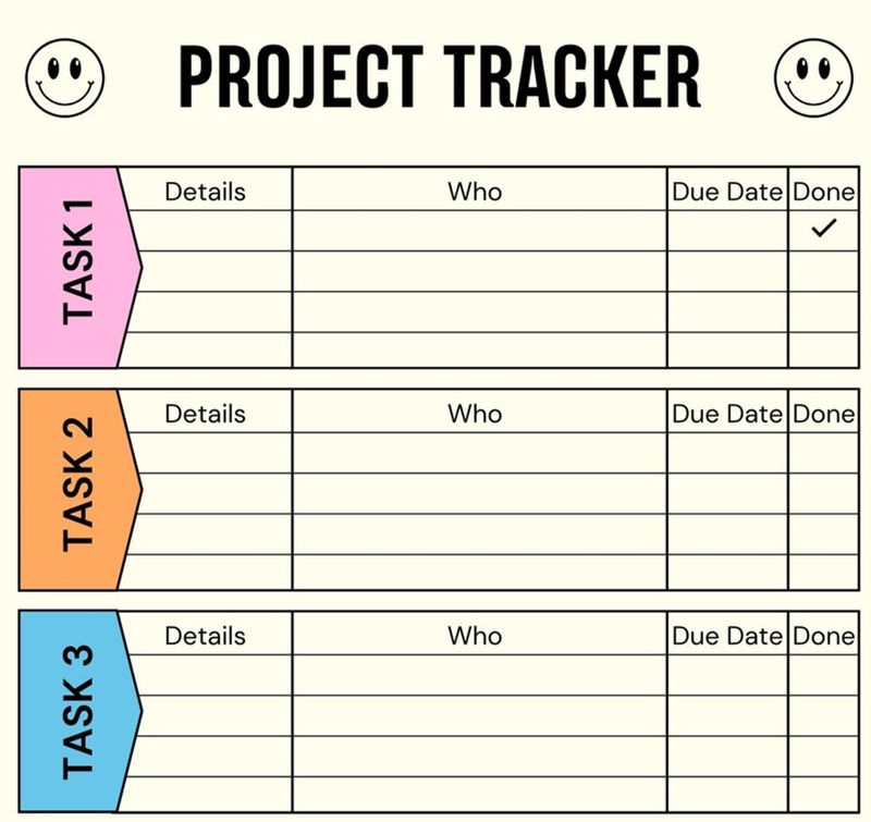 A shared project tracker document with sections for tasks, assigned names, deadlines, and completion status.