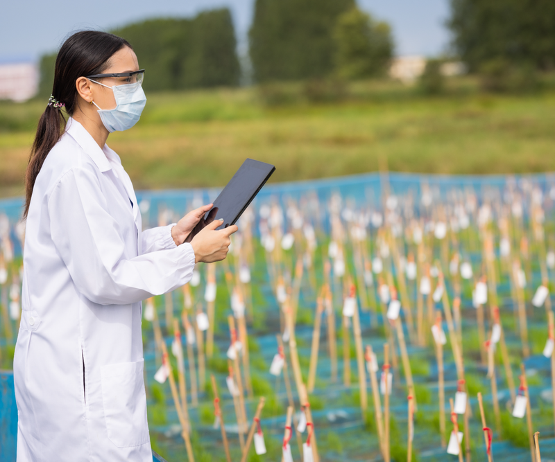 A woman in a lab coat using a tablet while working in an agricultural or scientific research field.