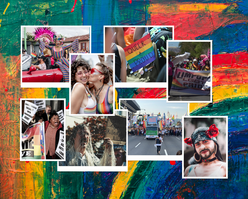 Collage of LGBTQ+ joys show via pride and struggles via protests